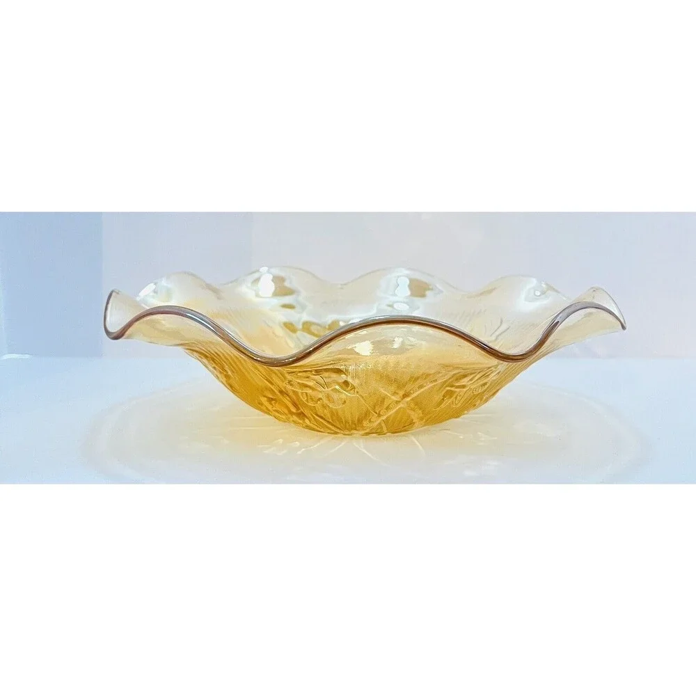Jeannette Iris Herringbone Marigold Carnival Glass 11” Ruffled Fruit Bowl